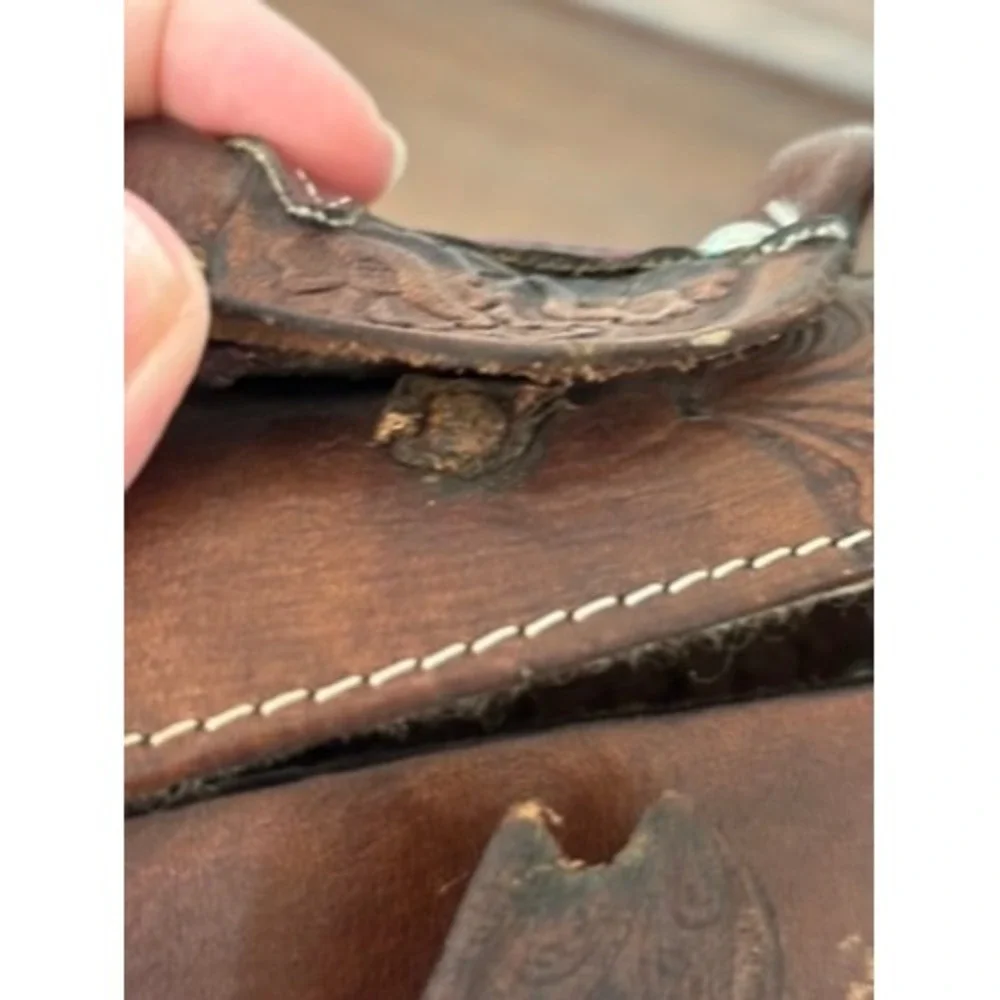 Vintage 70s Tooled Leather Handmade Shearling Horse Saddle Purse Western Bag
